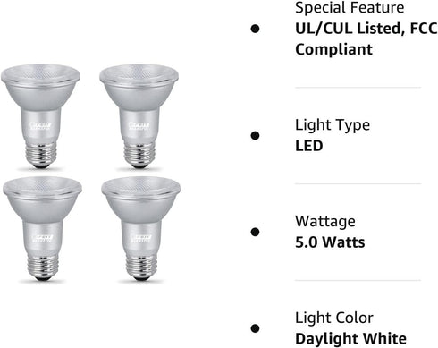 Feit Electric PAR20 LED Bulbs, 50W Equivalent, 5000K Daylight, Dimmable, E26 Base, 450 Lumens, 22-Year Lifetime, 4 Pack