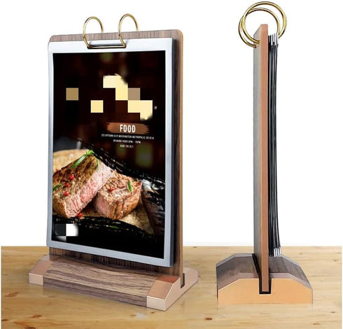 Rikyo A5 6 Pages-12 (6x8") Walnut Wood Sign Holder Vertical Table Card Flip Display Sides,T Double Sided Flyer Display