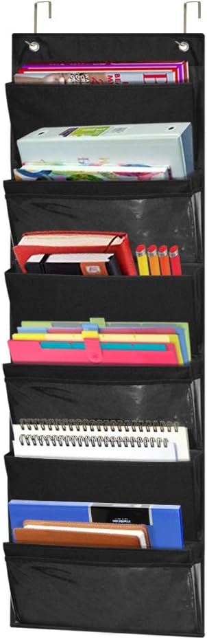 ZKOO Fabric Office Supplies Storage Organizer - Wall Mount/Over The Door Hanging File Folder with 6 Pockets & 2 Hangers