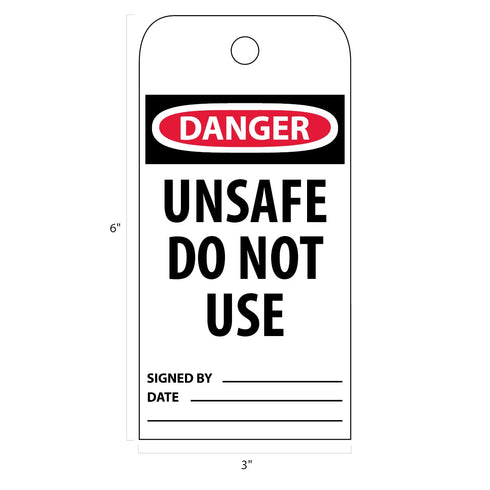NMC RPT34 Accident Prevention Tag, "DANGER UNSAFE DO NOT USE", 3" Width x 6" Height, Black/Red