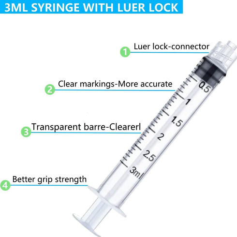 100 Pack 3ml/cc Plastic Syringe Luer Lock Tip - Liquid Measuring Tools (No Needle) - Sterile Individually Sealed