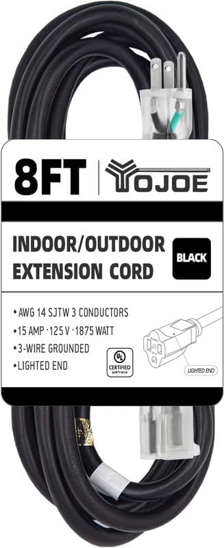 YOJOE 14/3 8 ft Black Outdoor Extension Cord Heavy Duty Waterproof UL Listed