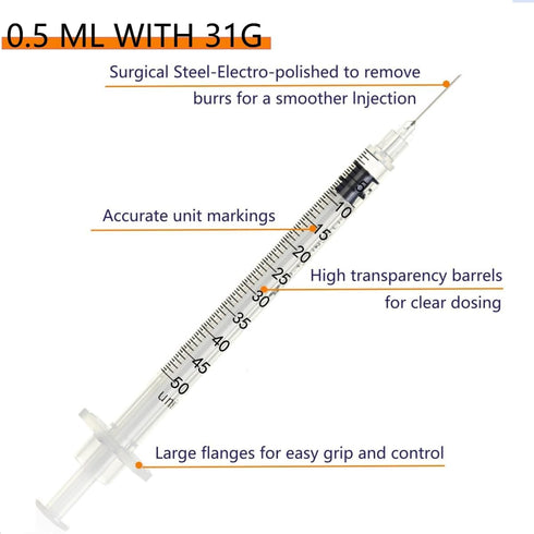 100 Pack 1/2 ml/cc 31Ga Lab Supplies, Individually Package