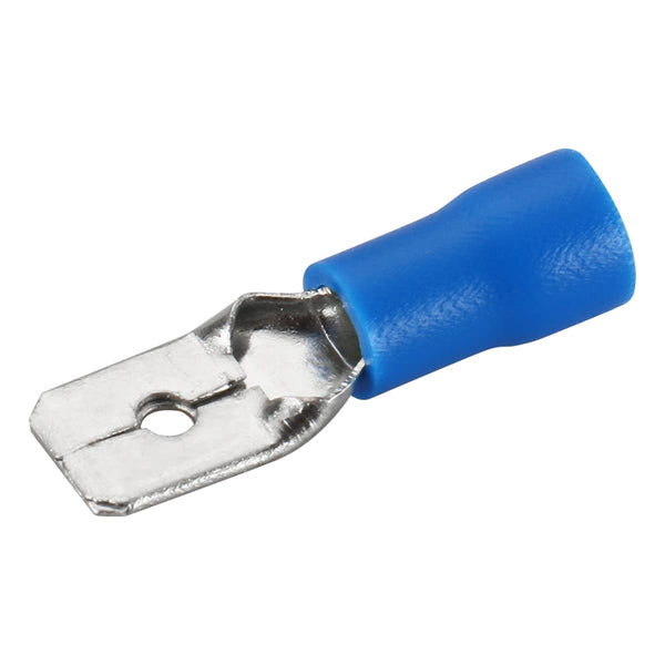 Baomain 1/4" Male Quick Disconnects Vinyl Insulated Spade Wire Connector (100PCS, 16-14AWG, 6.3mm Blue MDD 2-250)