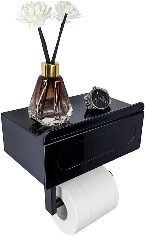 Generic Toilet Paper Holder with Wipes Storage - Wall Mount Bathroom Wipes Holder Black Roll Tissue Holder with Shelf