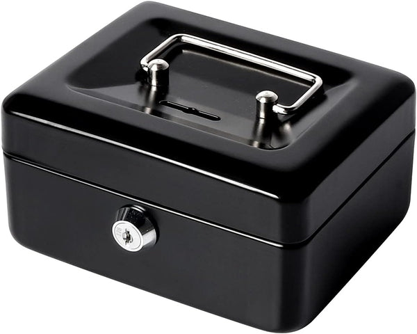 Jssmst Small Lock Cash Box with Money Tray, Metal Lock Box for Kids, Black, 5.91 x 4.72 x 2.95 inches