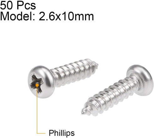 uxcell 2.6x10mm Self Tapping Screws Phillips Pan Head, 316 Stainless Steel Fasteners, 50Pcs