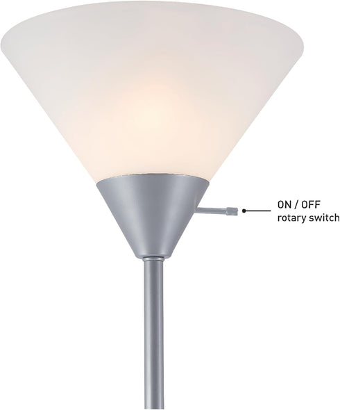 677150 72" Globe Electric Elliott Floor Lamp, Silver, White Plastic Shade, On/Off Rotary Switch on Shade, Standing