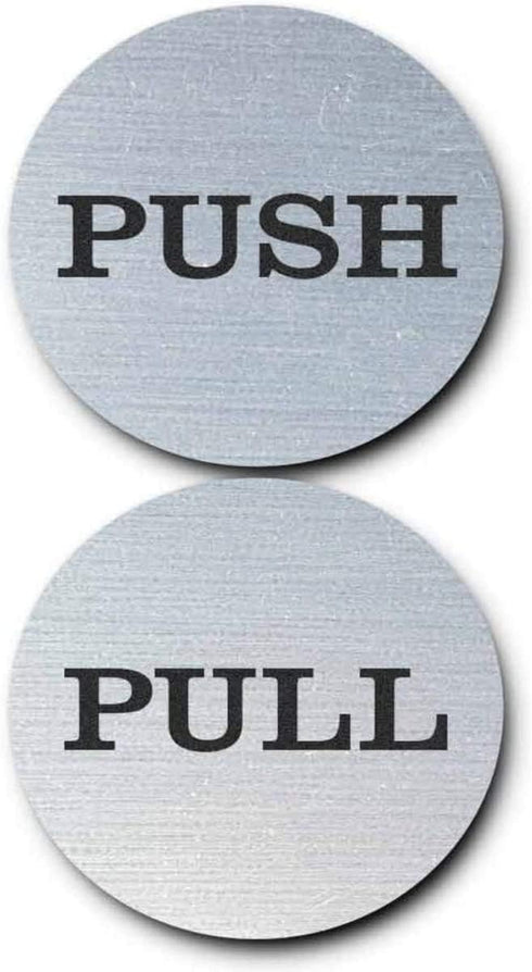 SUQ I OME 3" Round Brushed Stainless Pulls - Premium Push Pull Door Sign & Safety Decals, Silver