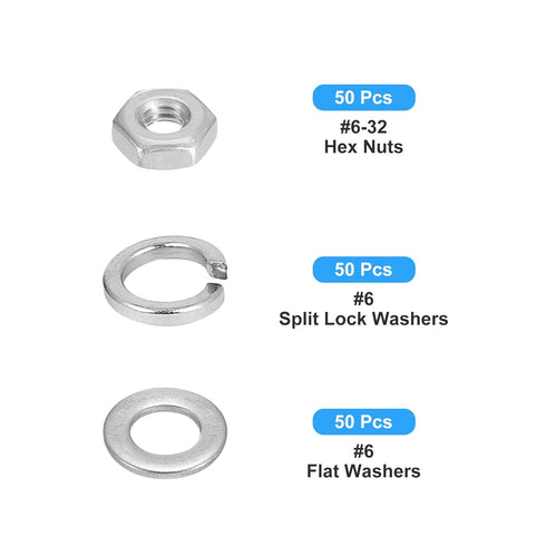METALLIXITY Hex Nuts Assortment Kit, 150Pcs #6-32 Hex Nuts with #6 Flat Washers & Split Lock Washers, 304 Stainless