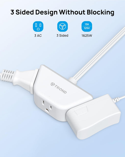TROND Flat Extension Cord 6 Feet, Flat Plug Power Strip, 3 Prong Grounded 3 Outlets for Indoor Use