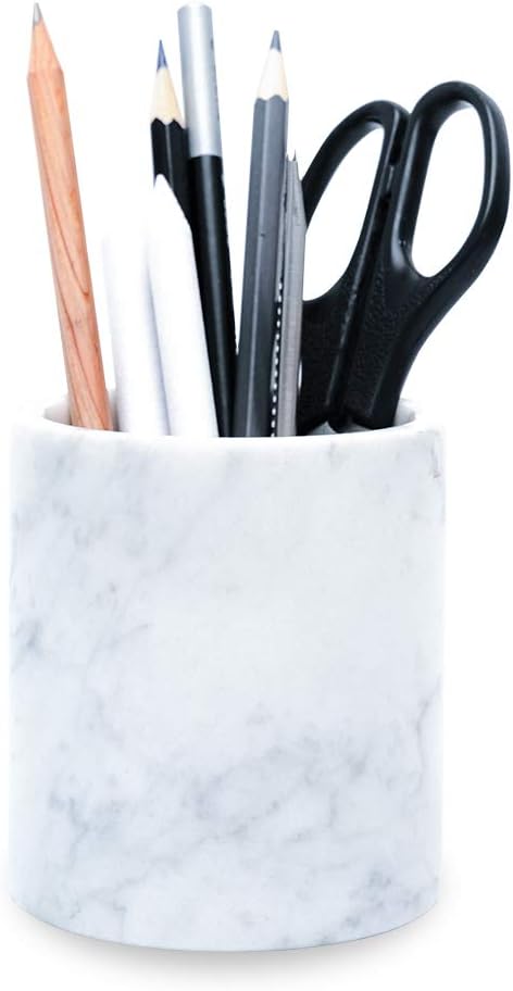 Natural Marble Pencil Pen Holder Stand for Desk, Makeup Brush Cup, Durable Office & Home Organizer, White