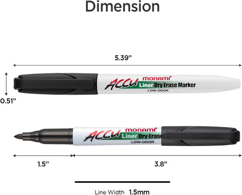 MONAMI Accu Liner Dry Erase Markers, Fine Tip (1.5mm), Low-Odor Black Whiteboard Markers, 12-Count