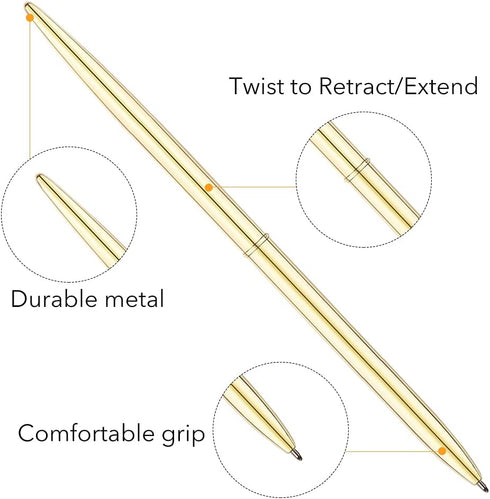 Unibene 12 Pack Ballpoint Pens, Slim Metallic Retractable Gold Pens Set, Medium Point (1 mm) Black Ink for Gifts