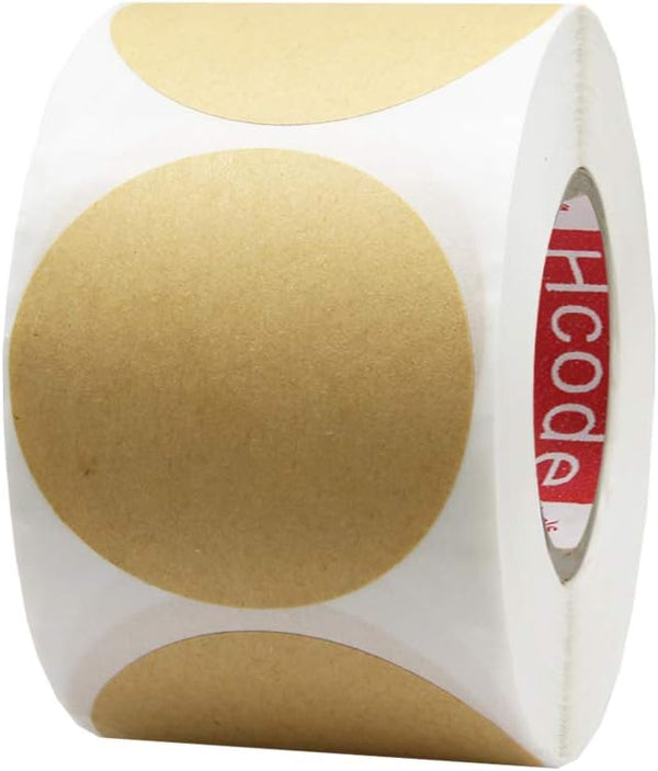 Hcode 2'' Natural Circle Price Stickers Kraft Paper Dots Labels, 500 Pieces Per Roll