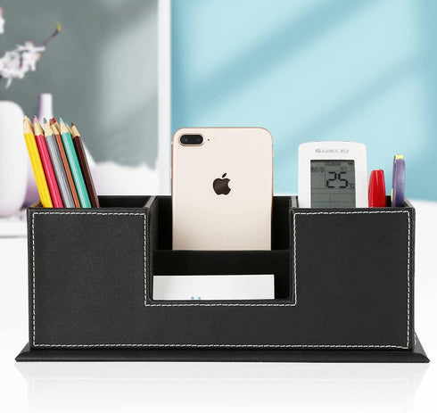 KINGFOM Office Supplies Desk Organizer, PU Leather Storage Box with 4 Divided Compartments for Pen, Business Card,