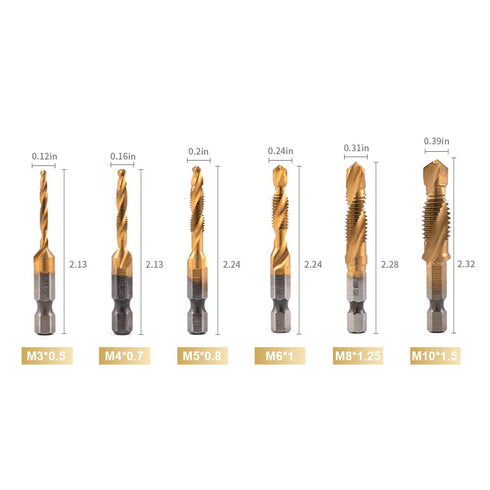 Titanium Combination Drill and Tap Bits Set, 6 PC Metric Screw Taps, 3-in-1 Bit Tool for Drilling, Tapping and Countersinking