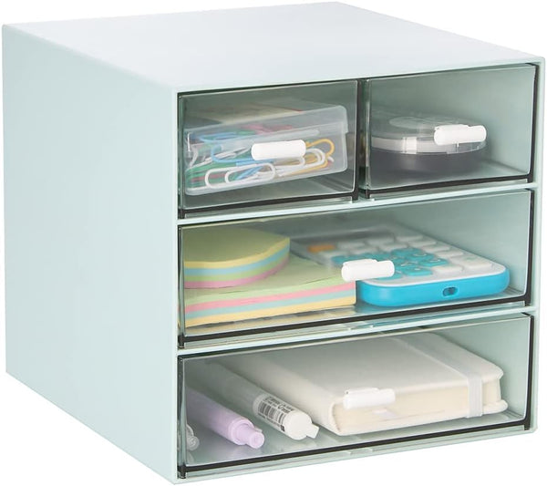 LETURE Desk Organizer with 4 Drawers - Clear Plastic Storage Box for Office Supplies, Gel Pens, Pencils