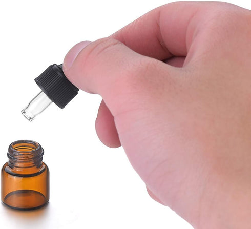 50 Pack 1ml Amber Glass Dropper Vials for Essential Oils, Empty Bottles with Black Screw Cap