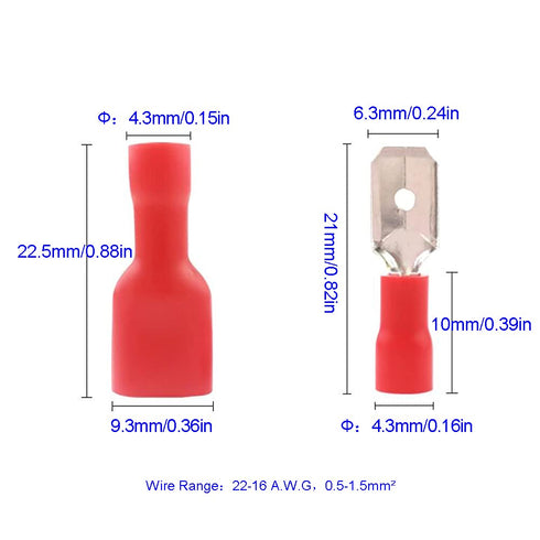 100PCS Spade Terminal 22-16 AWG Male Female Insulated Wire Connectors Electrical Crimp Connectors (Red/SPSH)