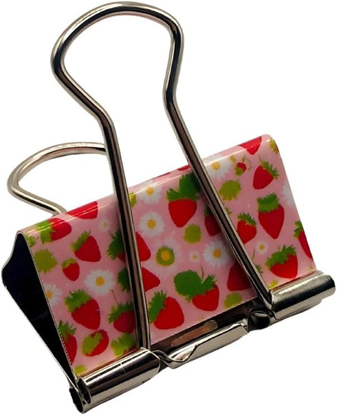 Fun Strawberry Print Binder Clips - 1 1/4"" Size, Set of 6, Red, Pink, Silver