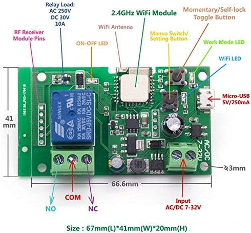 Wireless Jog Relay Momentary/Self-Locking Switch Module, DIY Smart Home Remote Control, WiFi Relay Switch