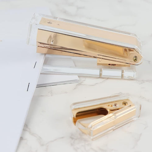 Office Stapler Set, Clear Acrylic Dark Gold Tone Manual Staplers and Staples Remover Tool for Desktop Accessories