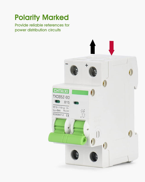 12V-110V DC Miniature Circuit Breaker, 15 Amp 2 Pole Battery Breaker Protector for Solar PV System and RV