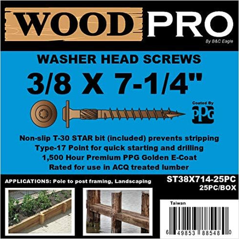 ST38X714-25PC 3/8-Inch by 7-1/4-Inch Length Round Washer Head Exterior Wood Screws, 25-Pack