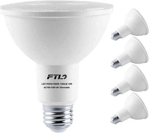 PAR30 LED Flood Light Bulbs, Long Neck, 5000K Daylight, Dimmable, 75W Halogen Equivalent, 12W E26, 1300LM, 4-Pack