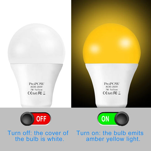 ProPOW Bulbs, 7W 40W A19, 580 (Non-Dimmable, E26) Yellow Bug Light Dusk to Dawn, LED, Equivalent, Smart Auto on/Off