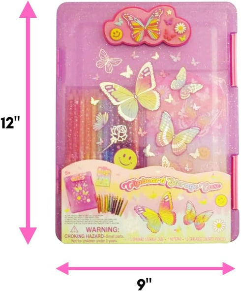 Kids Clipboard Storage Case – Cute Butterfly Design Pink Clip Board with 12 Erasable Colored Pencils, Pad, Stickers