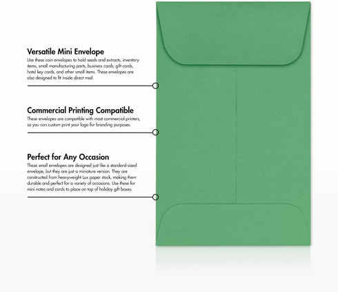 LUXPaper Coin Envelopes, 2 1/4" x 3 1/2", Holiday Green, 80lb Text, 50 Qty
