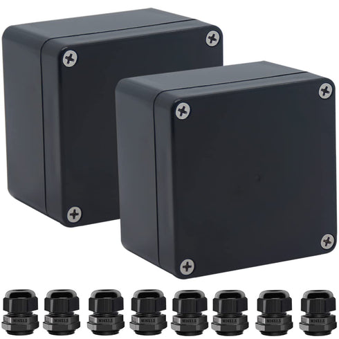 2 Packs Junction Box IP65 Waterproof ABS Plastic Electrical Project Case with 8 PCS M16 Cable Glands (3.27x3.19x2.2inch)