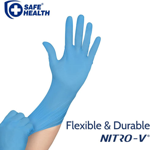 Safe Health NITRO-V Nitrile-Vinyl Synthetic Exam Disposable Gloves, Latex Free, Powder Free, Blue, Box of 100