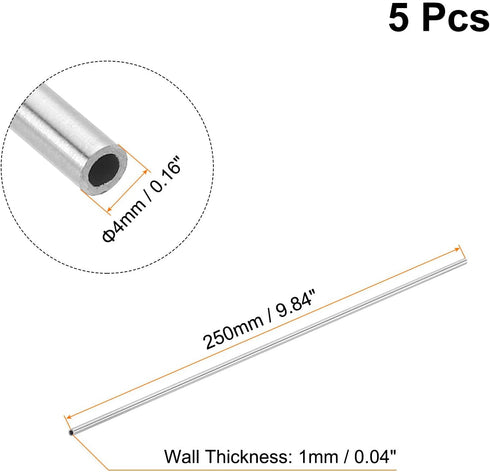 uxcell 5Pcs 304 Stainless Steel Tube, OD 4mm x 1mm Wall Thick 250mm Length Capillary Metal Tubing for Industry Machinery