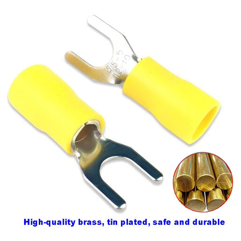 50Pcs M5 Insulated Fork Spade Wire Connector 12-10 AWG U Type Electrical Crimp Terminals Yellow