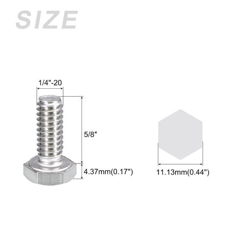 Hex Bolts 20Pcs (1/4-20x5/8") - 304 Stainless Steel UNC Fully Threaded Hex Head Screw Bolt for Furniture Repair, Silver