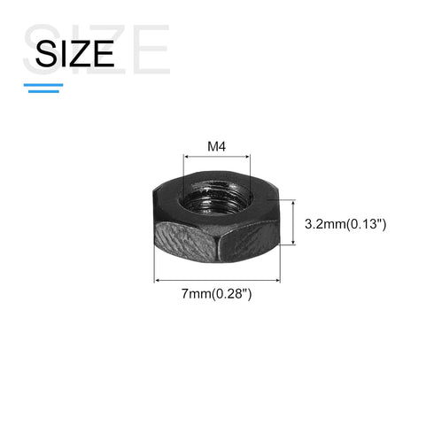 Hex Nuts (M4x0.7mm) 100Pcs, Carbon Steel Metric Coarse Thread Black Oxide Hexagon Nut Hardware - for DIY Home Repair Machinery, Black