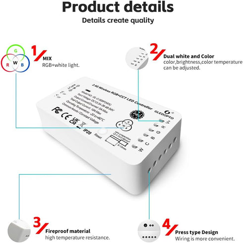 GLEDOPTO 3.0 Dimming ZigBee RGBCCT LED Strip Controller Pro RGB Color and Warm White Cold White Light Mix PWM Smart