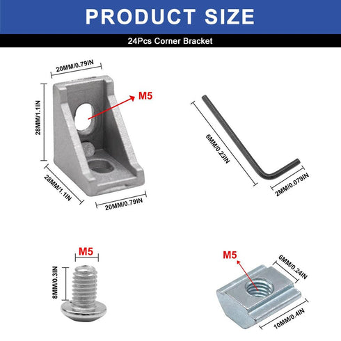 24pcs 2020 Corner Bracket Aluminum Extrusion Hardware T-Slotted Accessories with Screws for 8020 Profile Parts