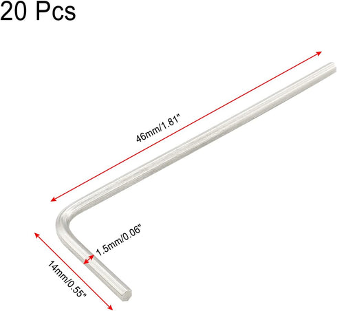 20 Pcs 1.5mm Hex Key Wrench, 1/16" L Shape Allen Wrench, Chrome Vanadium Steel Repairing Tool Set