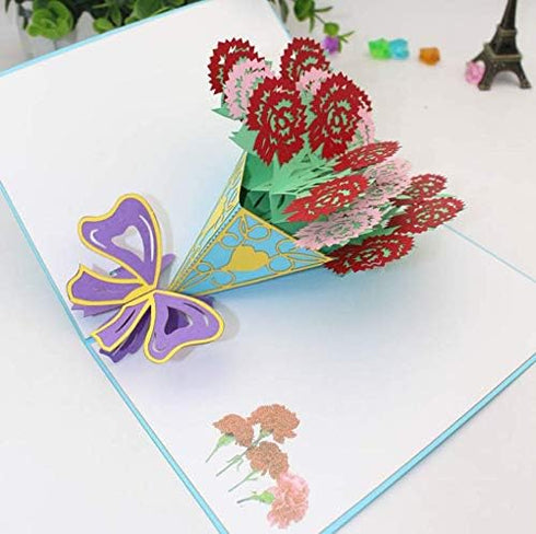 Flower Bouquet Pop Up Greeting Cards - 4 Pack Assorted Laser Cut Tulip, Sunflower, Orchid, Carnation for Gifts