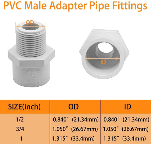PVC Fittings Male Adapter, 2 Way 1/2 Inch 12 Pack, Socket x Male Pipe Thread for 1/2 Inch Sch40 PVC Pipe