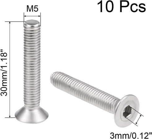 uxcell M5x30mm Flat Head Machine Screws, 10Pcs Inner Hex Screw 304 Stainless Steel Fasteners
