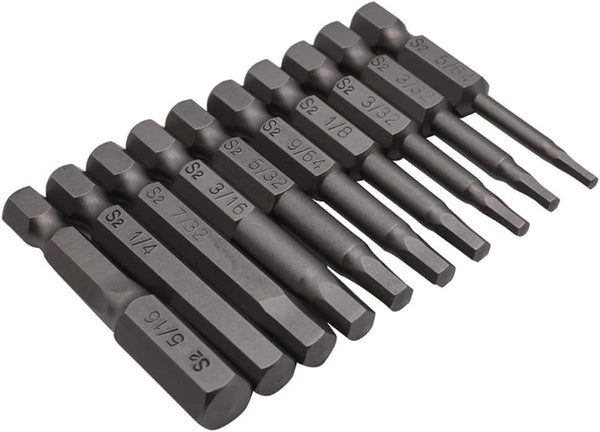 10Pcs 50mm 1/4 Inch Hex Shank S2 Steel Hex Screwdriver Head Allen Hand Held Wrench Drill Bit Set
