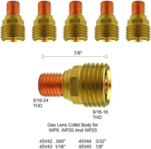 45V44 3/32 WP9, WP20, WP25 (5 Pack) 45V44 TIG Gas Lens Gas Lens collet body Fit TIG