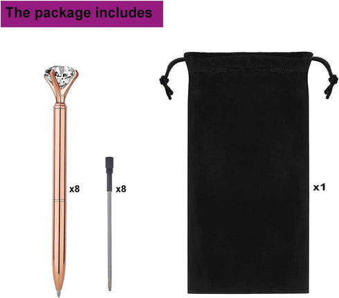 Bling Crystal Diamond Pen metal ballpoint pens for Office School with Reffills students gift, pack of 3 4 5 8 12 (8 rose gold)