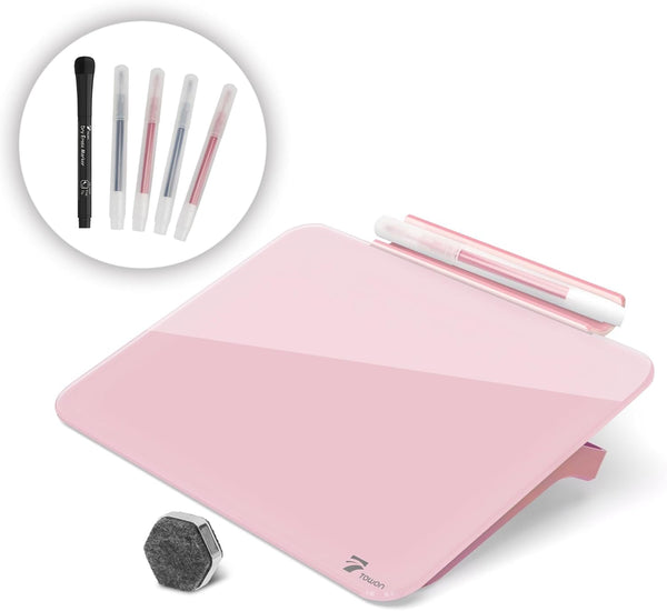 Pink Mini Desktop Whiteboard, 8x6 Inches Pure Glass - Small Slope Slick Desk White Board for Office Home Schooling