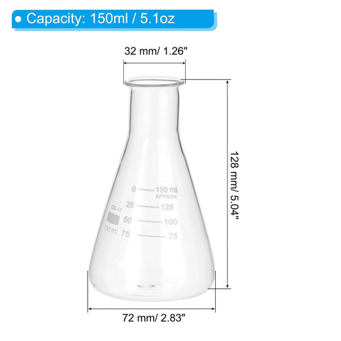 PATIKIL Erlenmeyer Flask, 150ml 5.1oz Narrow Mouth Graduated Flasks Borosilicate Glass with Printed Graduation for Lab Experiment Chemistry Science Study